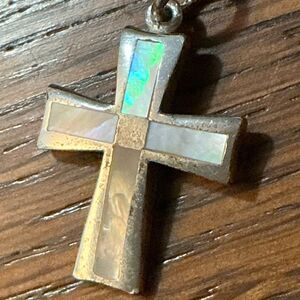 Sterling Silver 925‎ Mother of Pearl Cross Pendant 1” Religious Charm